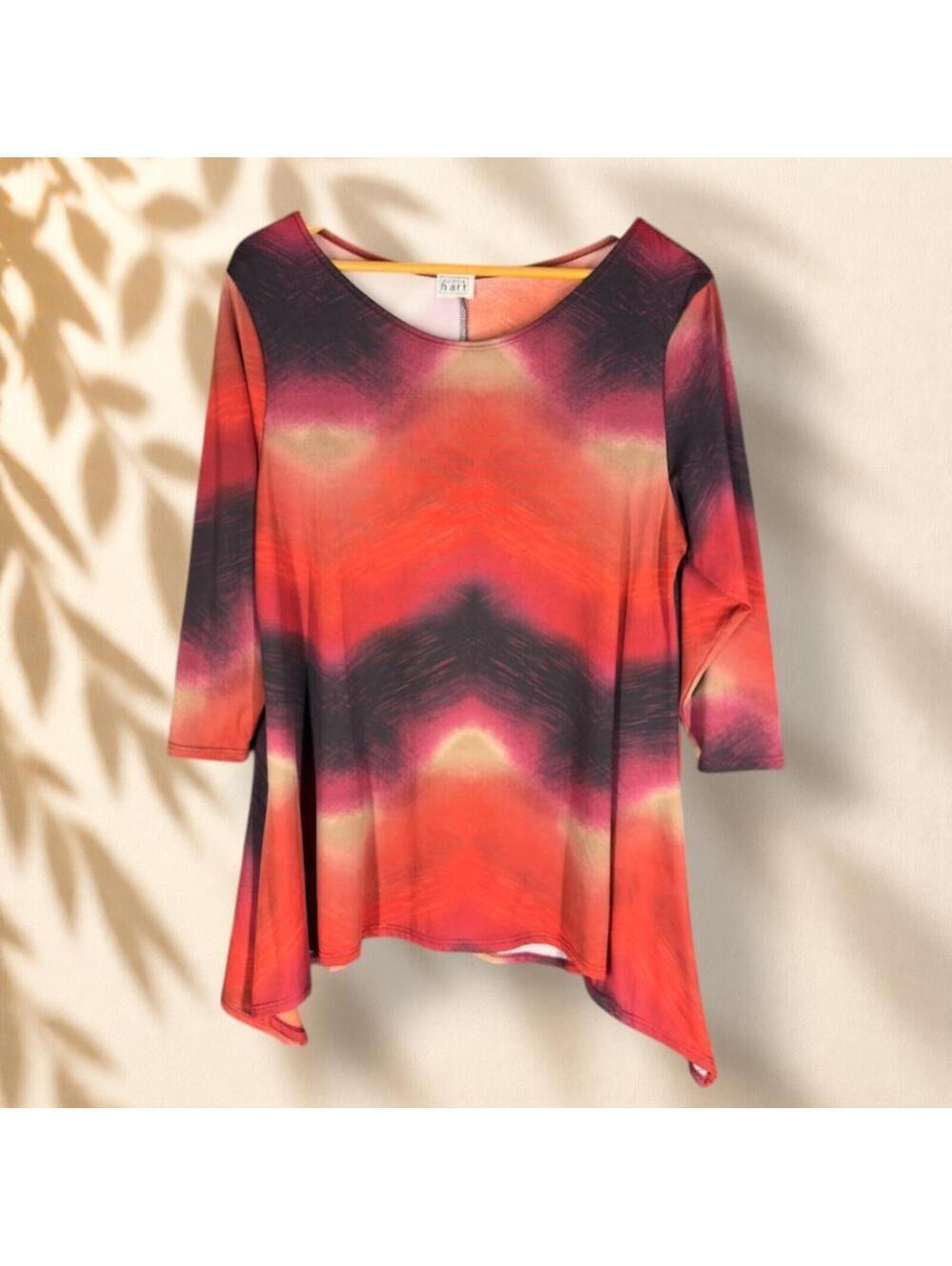 Keren Hart Tunic Top Women M Medium Red Tie Dye 3/4 Sleeve Round Neck Casual